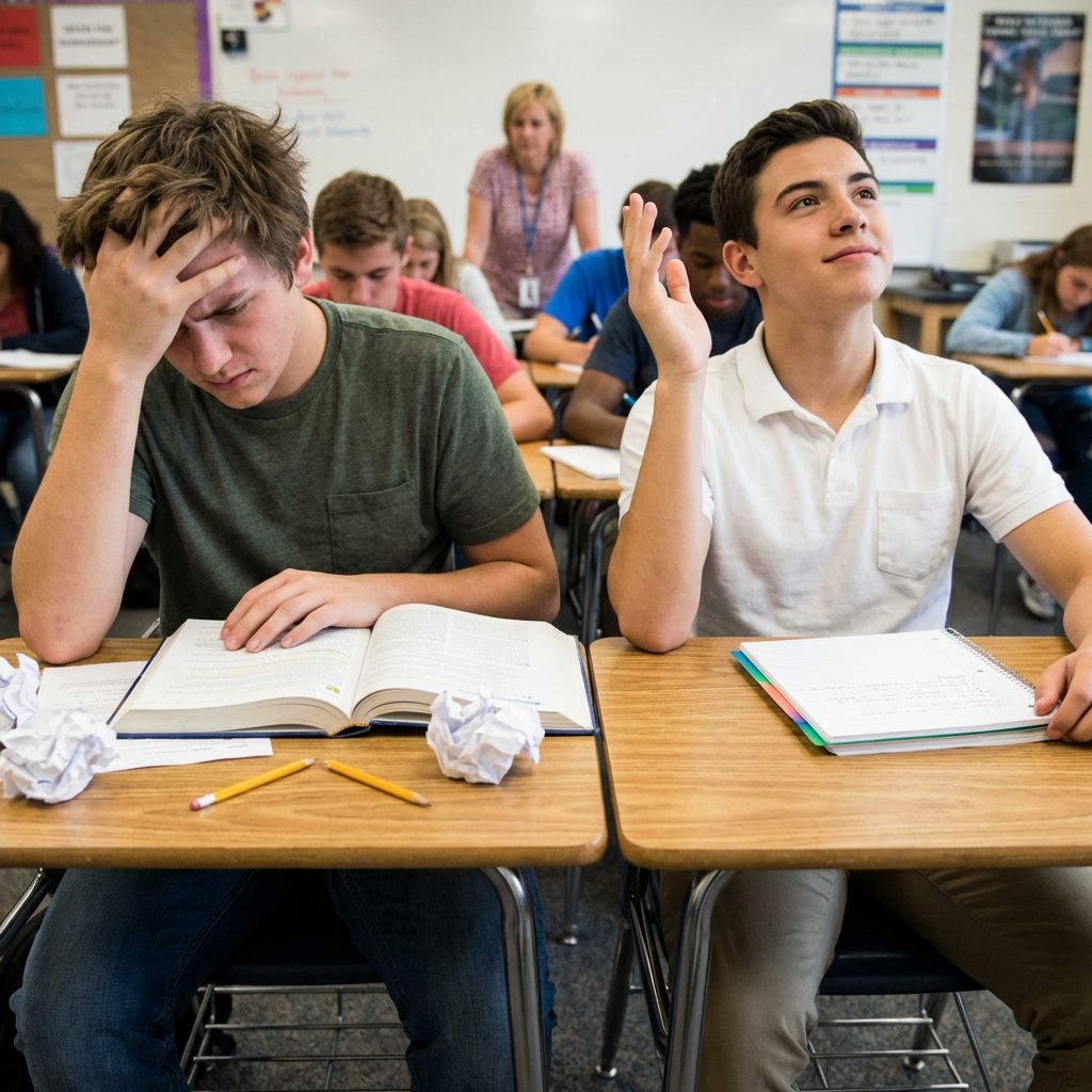 A frustrated student with head in hands next to a student raising his hand confidently.