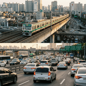 Seoul subway train and traffic-filled expressway beneath high-rise apartments